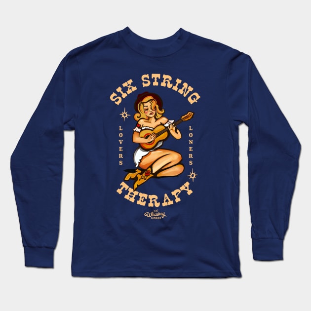 Six String Therapy: Sexy Retro Pinup Guitar Player Girl Long Sleeve T-Shirt by The Whiskey Ginger